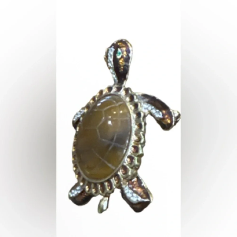 vintage gold-tone turtle brooch cabochon shell & amber rhinestone accents